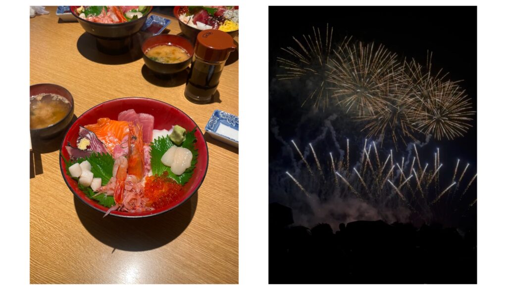 海鮮丼と花火の画像